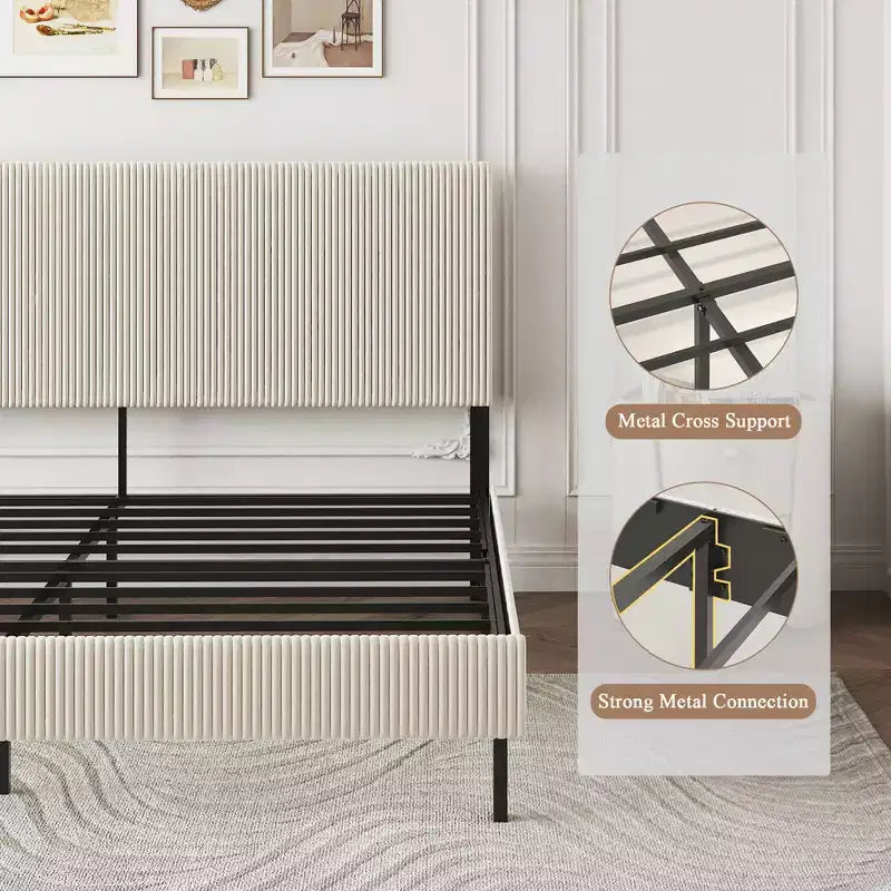 King Size Metal Platform Bed with Headboard, Bandaged Platform Bed Frame ,Antique Beige