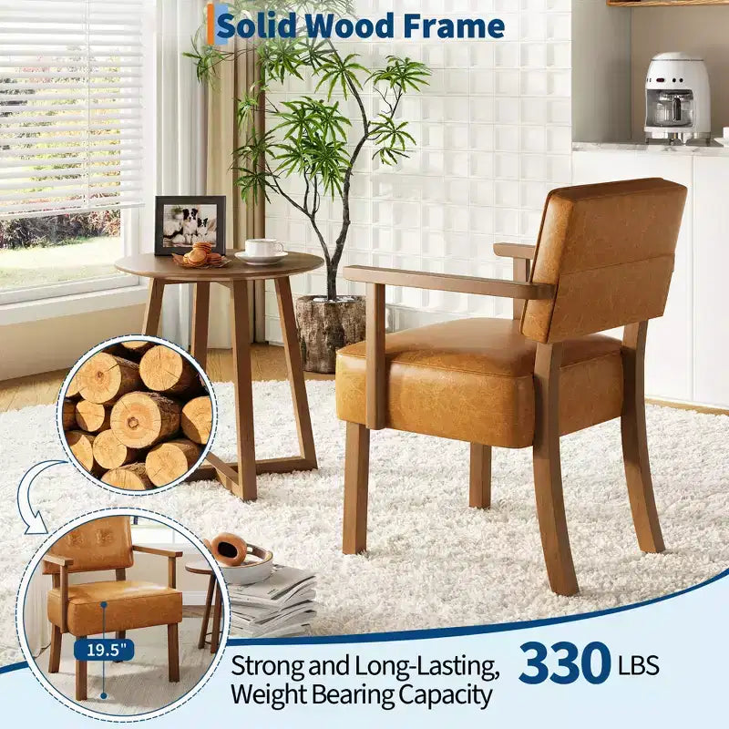 Mid-Century Accent Chair with Wood Frame & PU Leather, Brown Vertical Striped Upholstered Lounge Armchair for Living Room & Bedroom