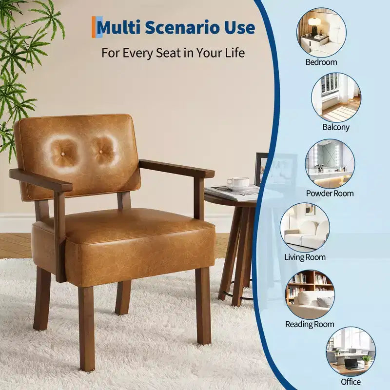 Mid-Century Accent Chair with Wood Frame & PU Leather, Brown Vertical Striped Upholstered Lounge Armchair for Living Room & Bedroom