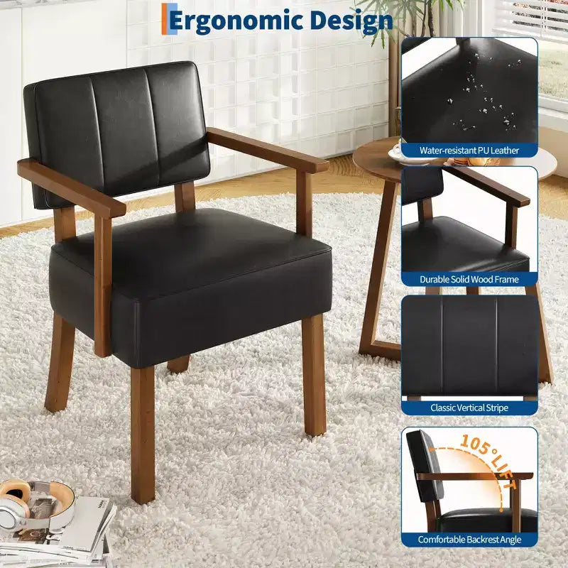 Mid-Century Accent Chair with Wood Frame & PU Leather, Brown Vertical Striped Upholstered Lounge Armchair for Living Room & Bedroom