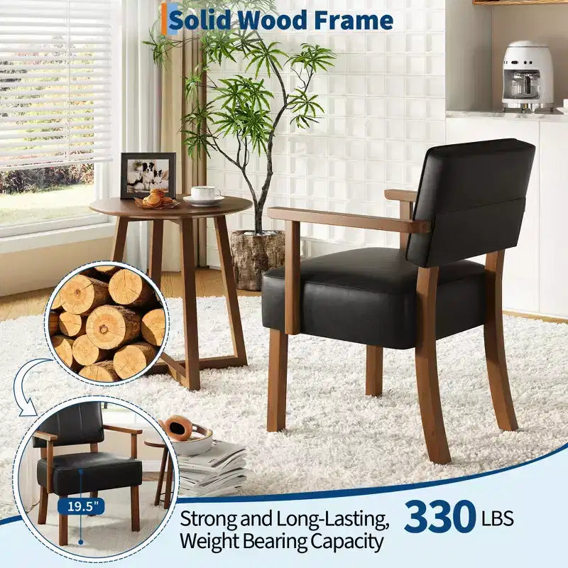 Mid-Century Accent Chair with Wood Frame & PU Leather, Brown Vertical Striped Upholstered Lounge Armchair for Living Room & Bedroom