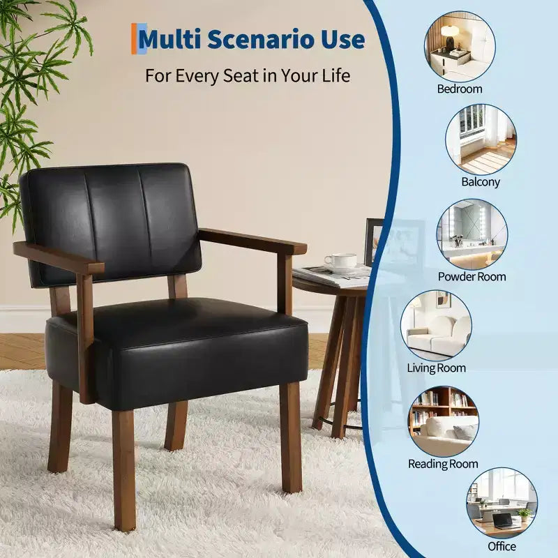 Mid-Century Accent Chair with Wood Frame & PU Leather, Brown Vertical Striped Upholstered Lounge Armchair for Living Room & Bedroom