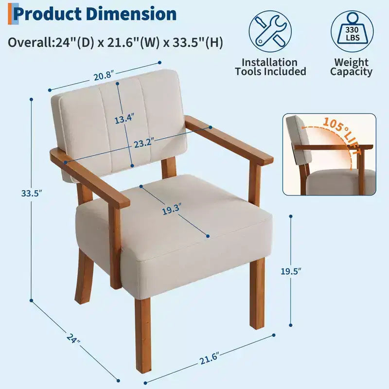 Mid-Century Accent Chair with Wood Frame & PU Leather, Brown Vertical Striped Upholstered Lounge Armchair for Living Room & Bedroom