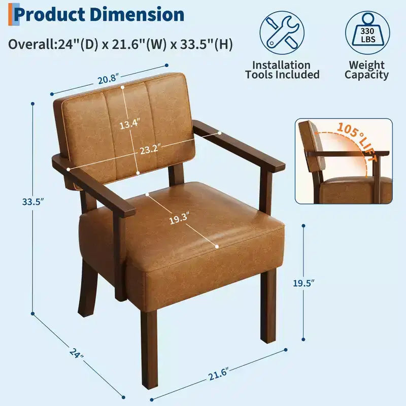 Mid-Century Accent Chair with Wood Frame & PU Leather, Brown Vertical Striped Upholstered Lounge Armchair for Living Room & Bedroom