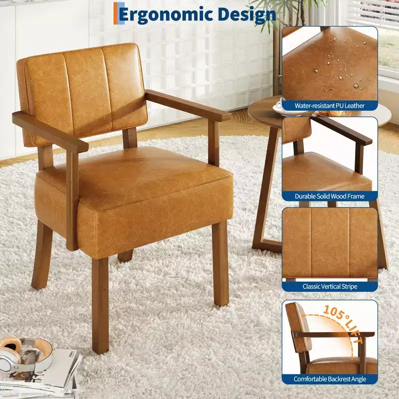 Mid-Century Accent Chair with Wood Frame & PU Leather, Brown Vertical Striped Upholstered Lounge Armchair for Living Room & Bedroom