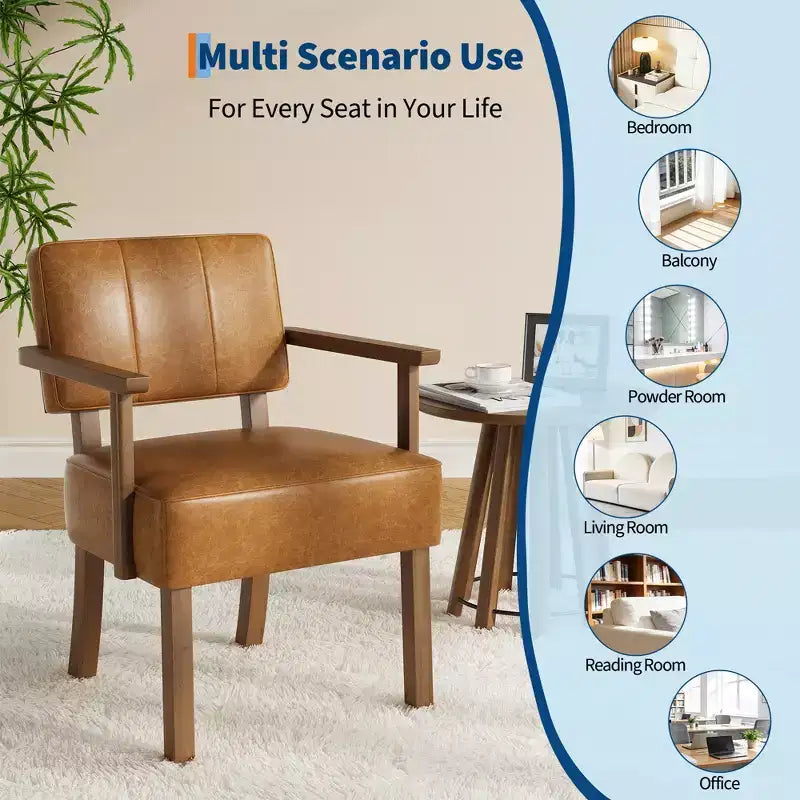 Mid-Century Accent Chair with Wood Frame & PU Leather, Brown Vertical Striped Upholstered Lounge Armchair for Living Room & Bedroom