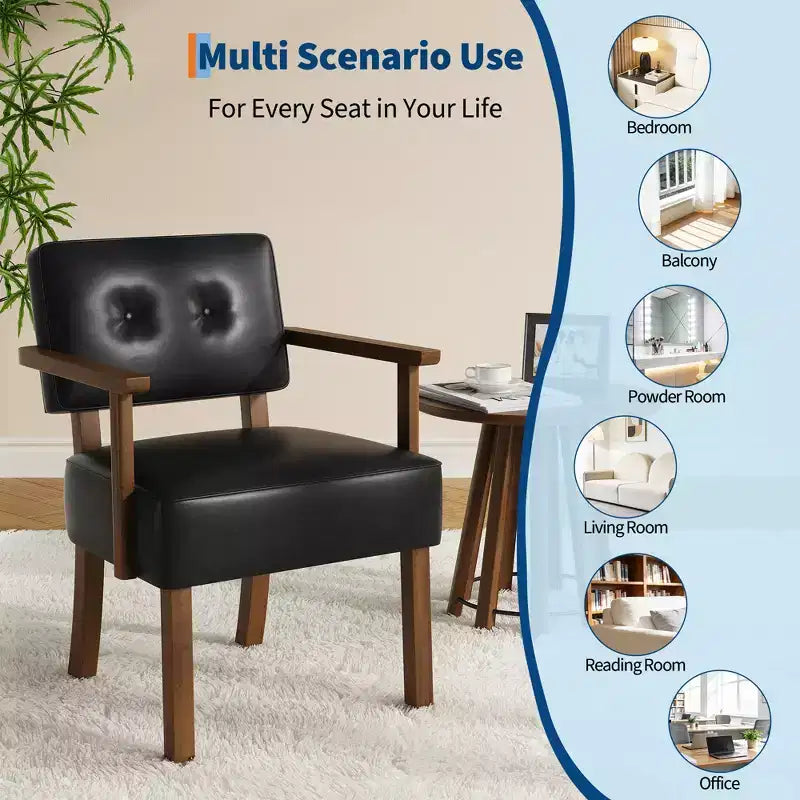 Mid-Century Accent Chair with Wood Frame & PU Leather, Brown Vertical Striped Upholstered Lounge Armchair for Living Room & Bedroom