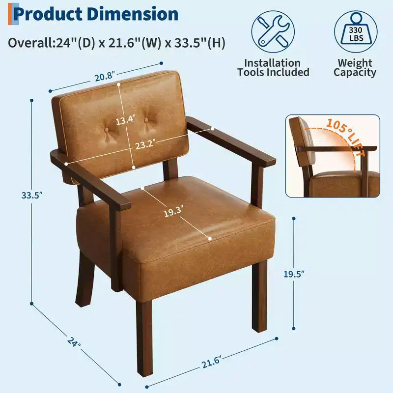 Mid-Century Accent Chair with Wood Frame & PU Leather, Brown Vertical Striped Upholstered Lounge Armchair for Living Room & Bedroom