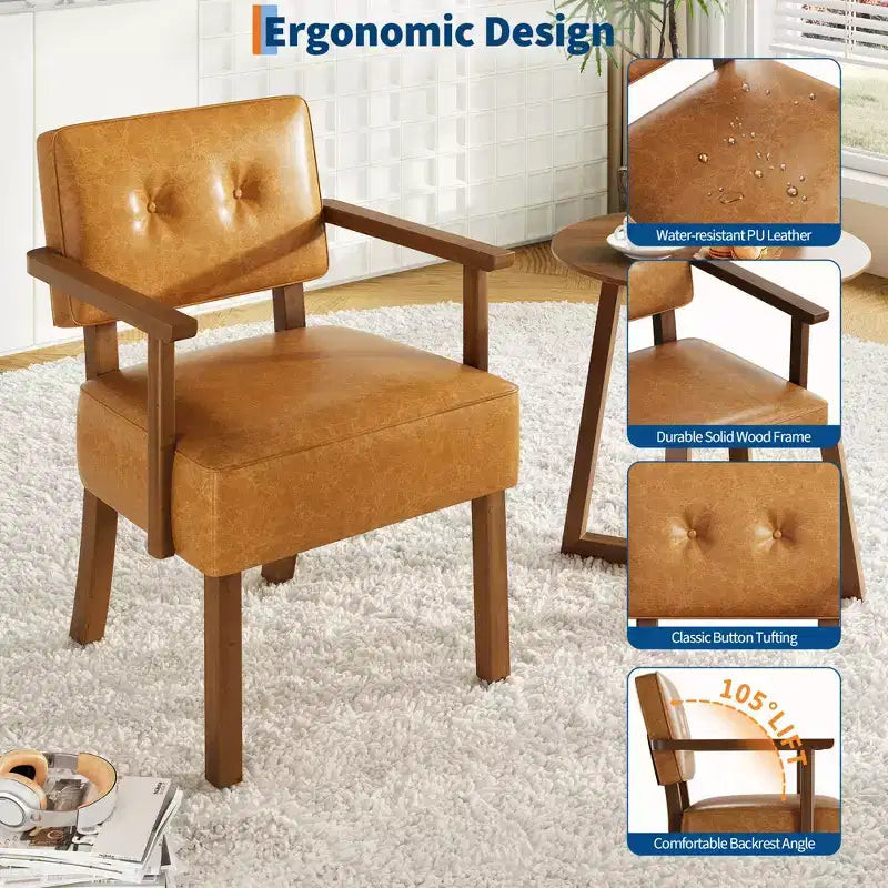 Mid-Century Accent Chair with Wood Frame & PU Leather, Brown Vertical Striped Upholstered Lounge Armchair for Living Room & Bedroom