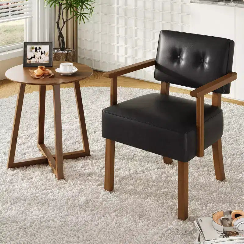 Mid-Century Accent Chair with Wood Frame & PU Leather, Brown Vertical Striped Upholstered Lounge Armchair for Living Room & Bedroom