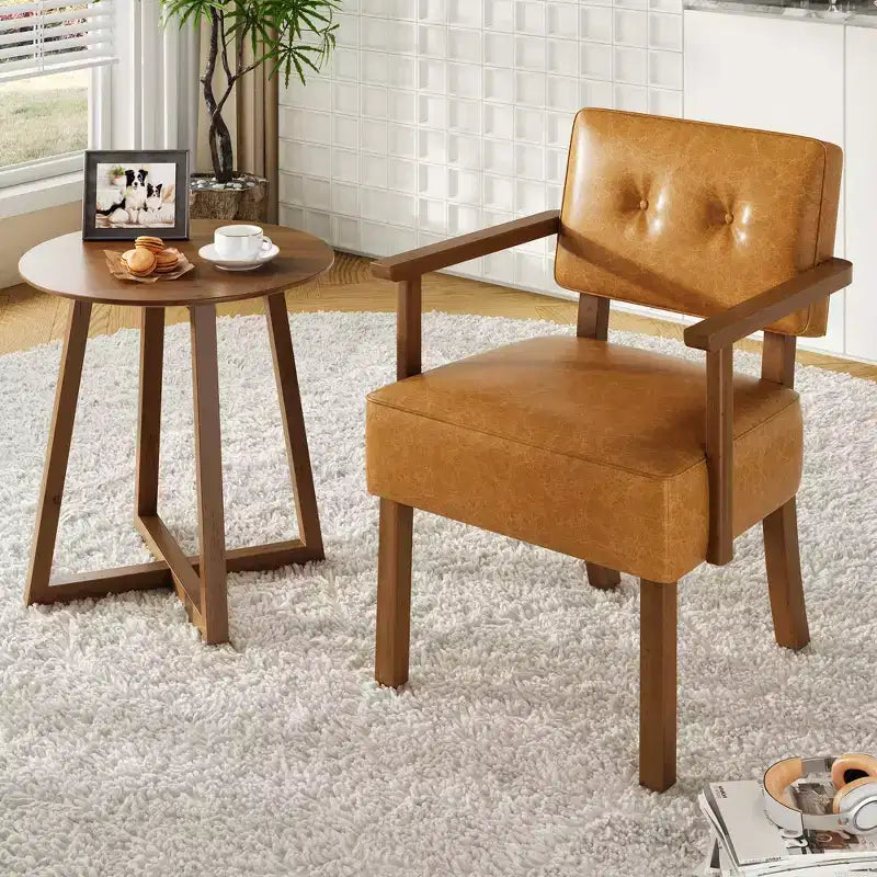 Mid-Century Accent Chair with Wood Frame & PU Leather, Brown Vertical Striped Upholstered Lounge Armchair for Living Room & Bedroom