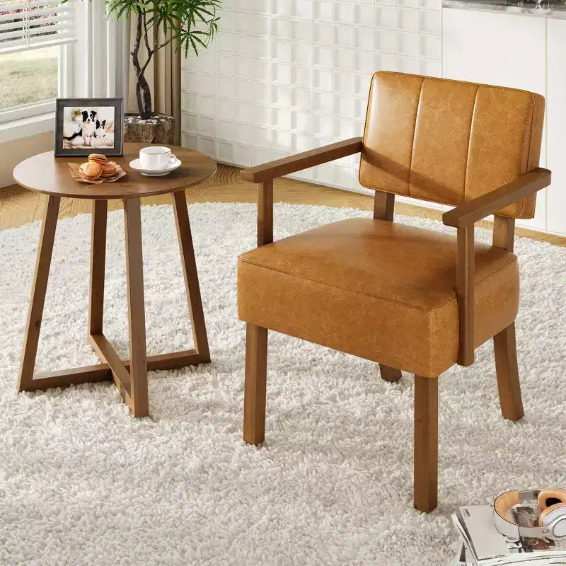 Mid-Century Accent Chair with Wood Frame & PU Leather, Brown Vertical Striped Upholstered Lounge Armchair for Living Room & Bedroom