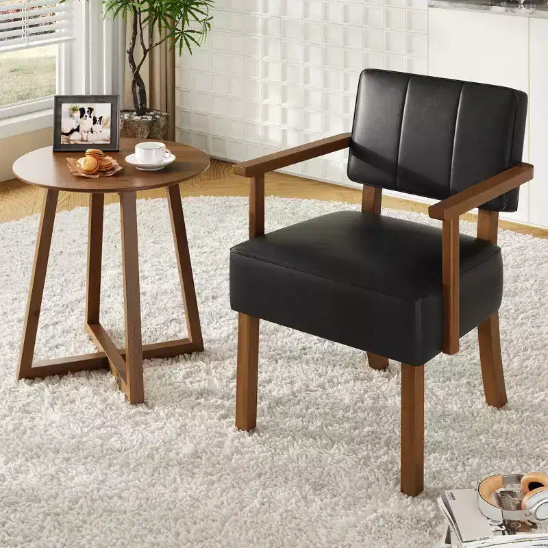 Mid-Century Accent Chair with Wood Frame & PU Leather, Brown Vertical Striped Upholstered Lounge Armchair for Living Room & Bedroom