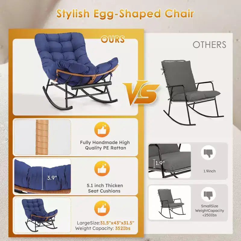 Oversized Rattan Rocking Chair, Extendable Footrest, Sturdy Metal Frame, Comfortable Reclining Lounge Chair for Porch, Lawn, Garden, Bedroom