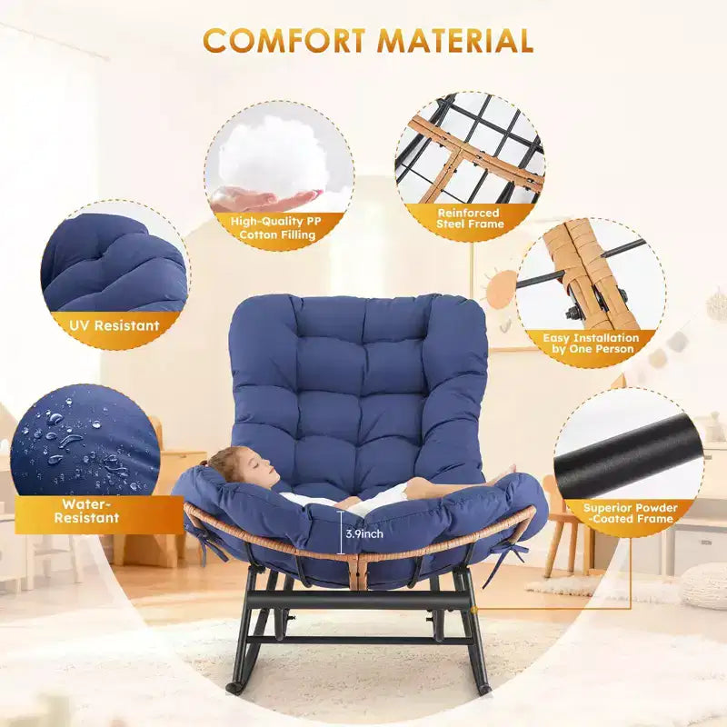 Oversized Rattan Rocking Chair, Extendable Footrest, Sturdy Metal Frame, Comfortable Reclining Lounge Chair for Porch, Lawn, Garden, Bedroom