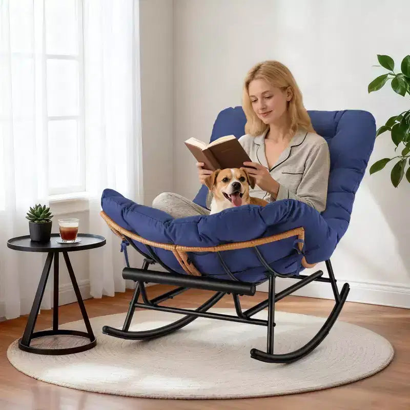 Oversized Rattan Rocking Chair, Extendable Footrest, Sturdy Metal Frame, Comfortable Reclining Lounge Chair for Porch, Lawn, Garden, Bedroom