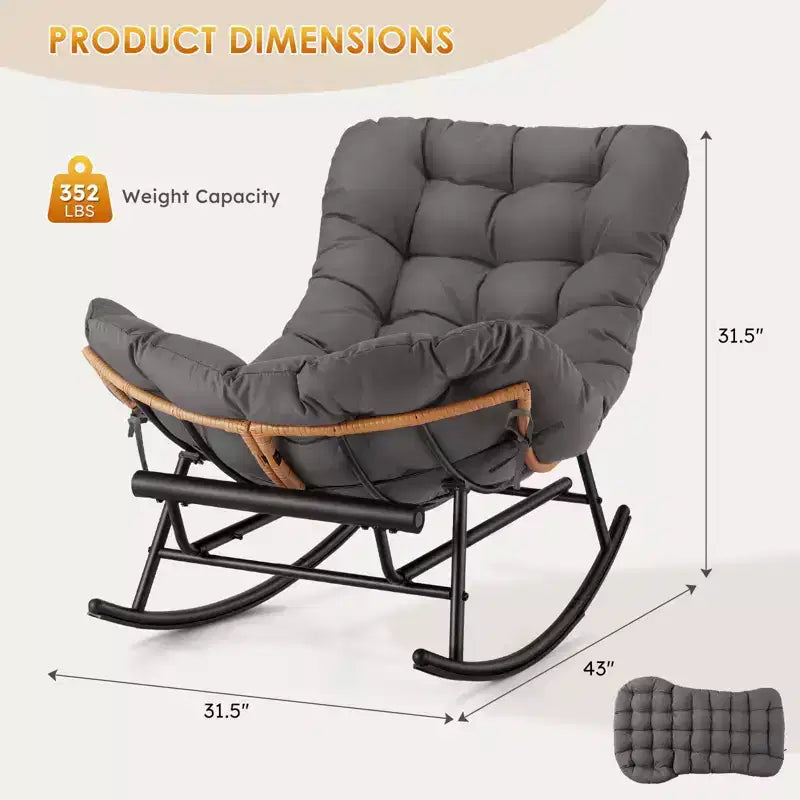 Oversized Rattan Rocking Chair, Extendable Footrest, Sturdy Metal Frame, Comfortable Reclining Lounge Chair for Porch, Lawn, Garden, Bedroom