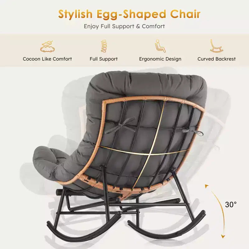 Oversized Rattan Rocking Chair, Extendable Footrest, Sturdy Metal Frame, Comfortable Reclining Lounge Chair for Porch, Lawn, Garden, Bedroom