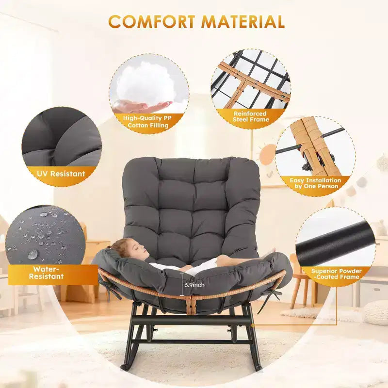 Oversized Rattan Rocking Chair, Extendable Footrest, Sturdy Metal Frame, Comfortable Reclining Lounge Chair for Porch, Lawn, Garden, Bedroom