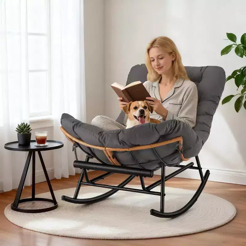 Oversized Rattan Rocking Chair, Extendable Footrest, Sturdy Metal Frame, Comfortable Reclining Lounge Chair for Porch, Lawn, Garden, Bedroom