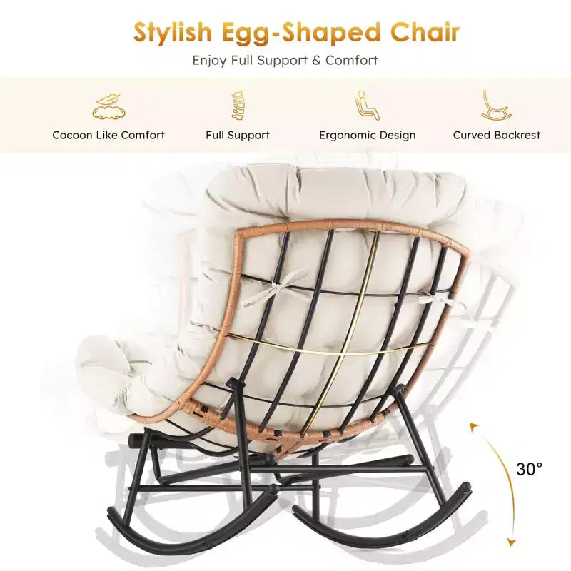 Oversized Rattan Rocking Chair, Extendable Footrest, Sturdy Metal Frame, Comfortable Reclining Lounge Chair for Porch, Lawn, Garden, Bedroom