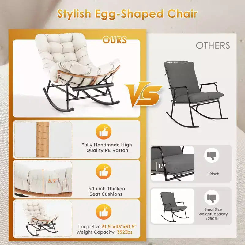 Oversized Rattan Rocking Chair, Extendable Footrest, Sturdy Metal Frame, Comfortable Reclining Lounge Chair for Porch, Lawn, Garden, Bedroom