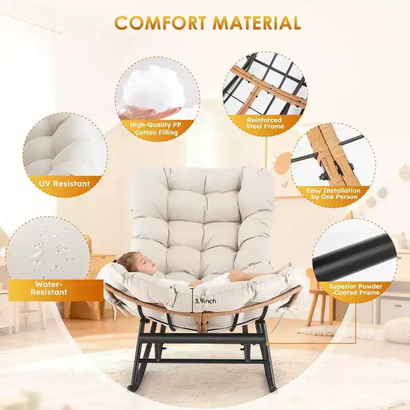 Oversized Rattan Rocking Chair, Extendable Footrest, Sturdy Metal Frame, Comfortable Reclining Lounge Chair for Porch, Lawn, Garden, Bedroom
