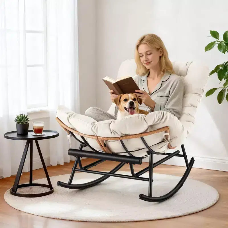 Oversized Rattan Rocking Chair, Extendable Footrest, Sturdy Metal Frame, Comfortable Reclining Lounge Chair for Porch, Lawn, Garden, Bedroom