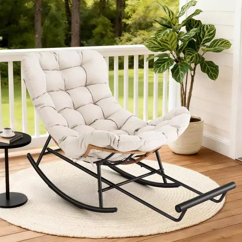 Oversized Rattan Rocking Chair, Extendable Footrest, Sturdy Metal Frame, Comfortable Reclining Lounge Chair for Porch, Lawn, Garden, Bedroom
