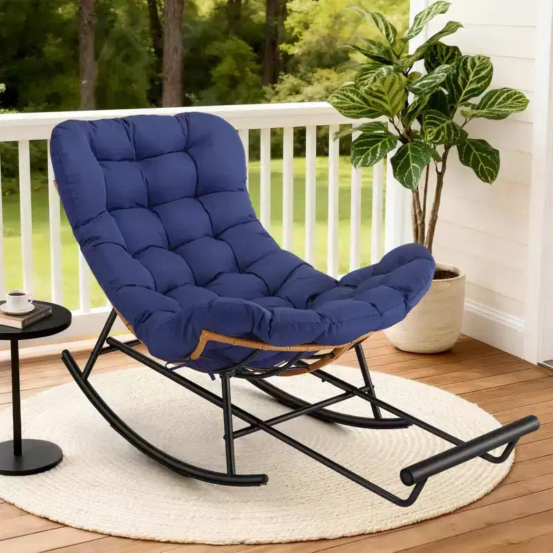 Fauteuil à bascule en rotin surdimensionné, Repose-pieds extensible, Cadre métallique robuste, Fauteuil inclinable confortable pour Porche, Pelouse, Jardin, Chambre à coucher