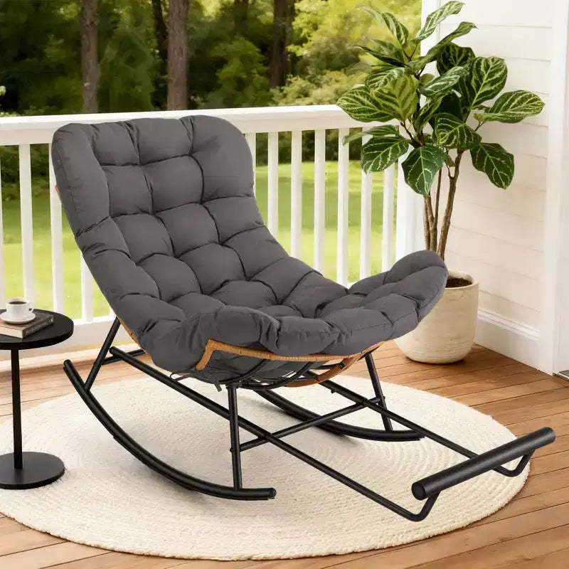 Fauteuil à bascule en rotin surdimensionné, Repose-pieds extensible, Cadre métallique robuste, Fauteuil inclinable confortable pour Porche, Pelouse, Jardin, Chambre à coucher