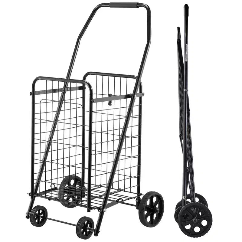 VEVOR Shopping Cart, Folding Grocery Utility Cart with Swivel Wheels, 90 LBS Large Load Capacity, Heavy Duty Rolling Laundry Basket Butler, Black