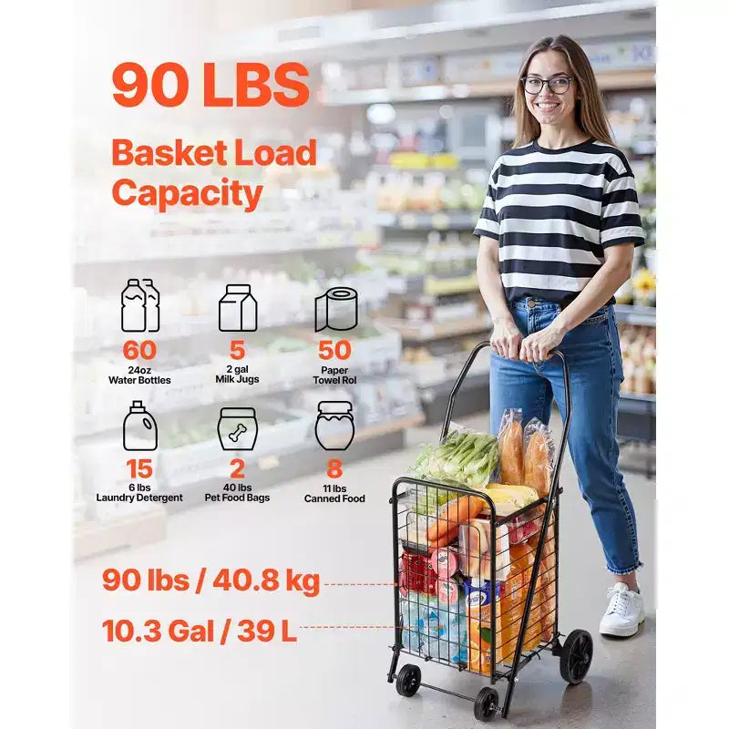 VEVOR Shopping Cart, Folding Grocery Utility Cart with Swivel Wheels, 90 LBS Large Load Capacity, Heavy Duty Rolling Laundry Basket Butler, Black
