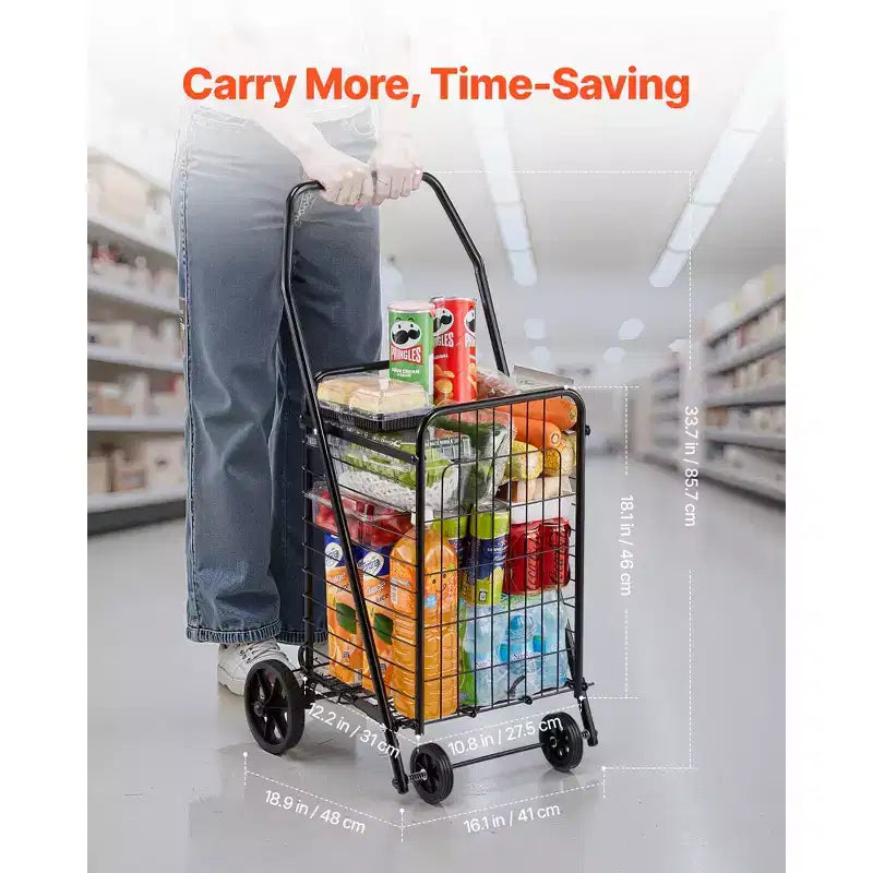 VEVOR Shopping Cart, Folding Grocery Utility Cart with Swivel Wheels, 90 LBS Large Load Capacity, Heavy Duty Rolling Laundry Basket Butler, Black