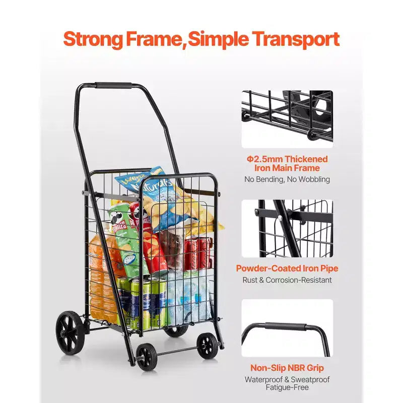 VEVOR Shopping Cart, Folding Grocery Utility Cart with Swivel Wheels, 90 LBS Large Load Capacity, Heavy Duty Rolling Laundry Basket Butler, Black