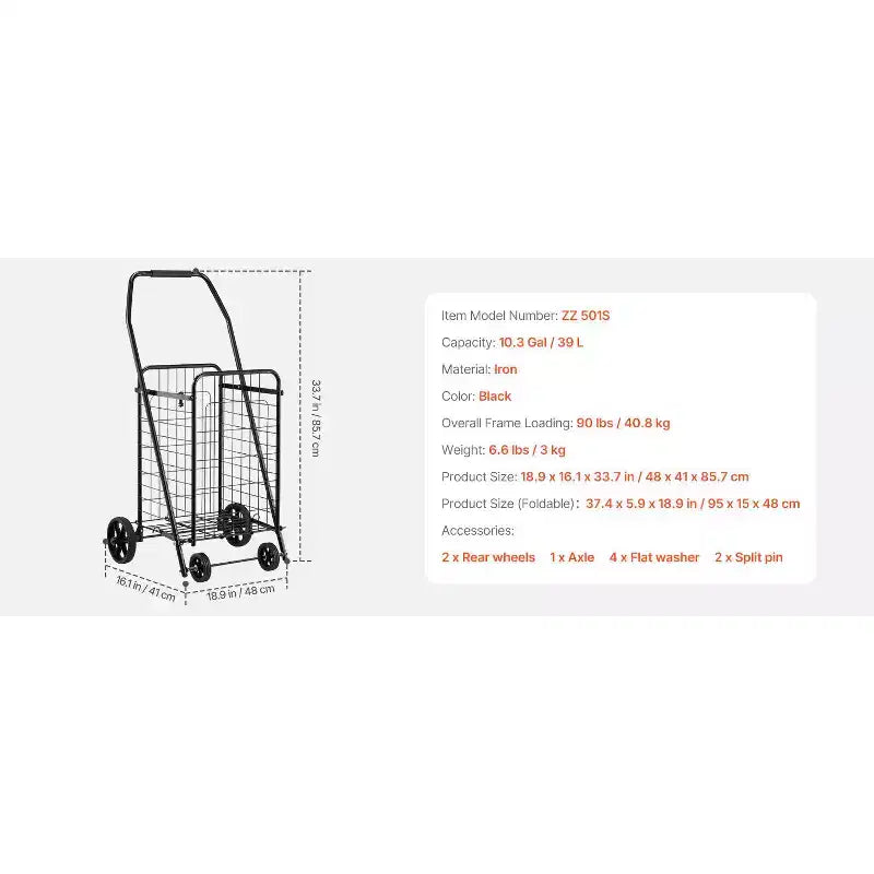 VEVOR Shopping Cart, Folding Grocery Utility Cart with Swivel Wheels, 90 LBS Large Load Capacity, Heavy Duty Rolling Laundry Basket Butler, Black