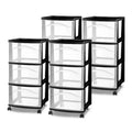 Sterilite 3 Drawer Storage Cart, Plastic Rolling Medium Organizer, Black, 4 Pack