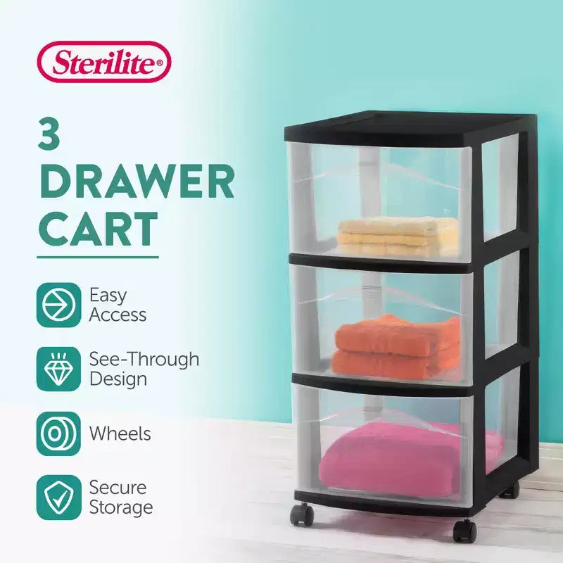 Sterilite 3 Drawer Storage Cart, Plastic Rolling Medium Organizer, Black, 4 Pack