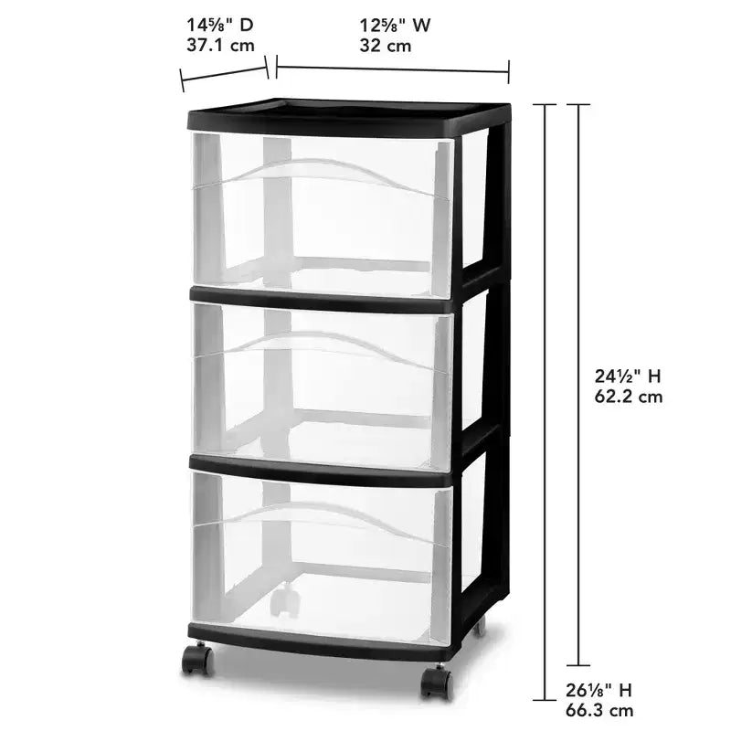 Sterilite 3 Drawer Storage Cart, Plastic Rolling Medium Organizer, Black, 4 Pack