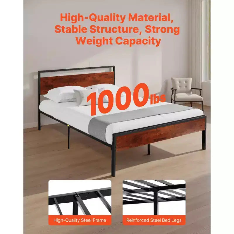 VEVOR Queen Size Bed Frame, Black Metal Platform Bed Frame with Retro Brown Wooden Headboard and Footboard, Large Under-Bed Storage, Brown