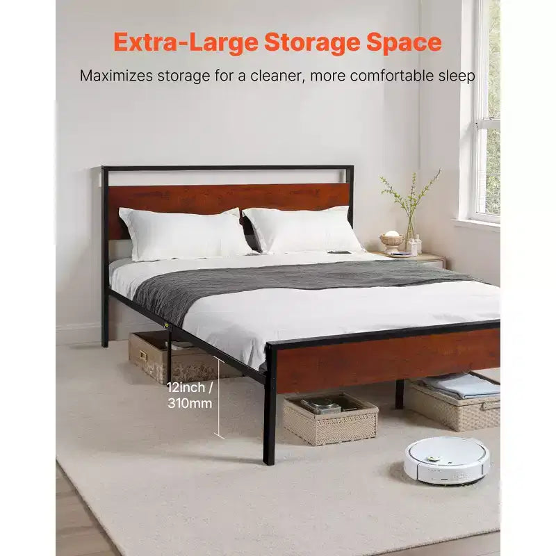VEVOR Queen Size Bed Frame, Black Metal Platform Bed Frame with Retro Brown Wooden Headboard and Footboard, Large Under-Bed Storage, Brown