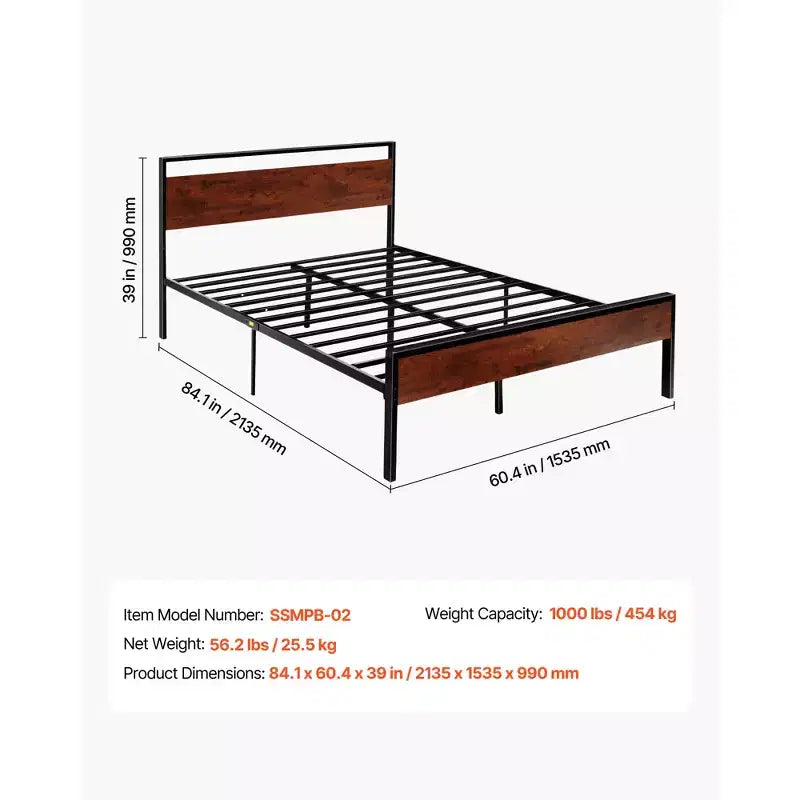 VEVOR Queen Size Bed Frame, Black Metal Platform Bed Frame with Retro Brown Wooden Headboard and Footboard, Large Under-Bed Storage, Brown