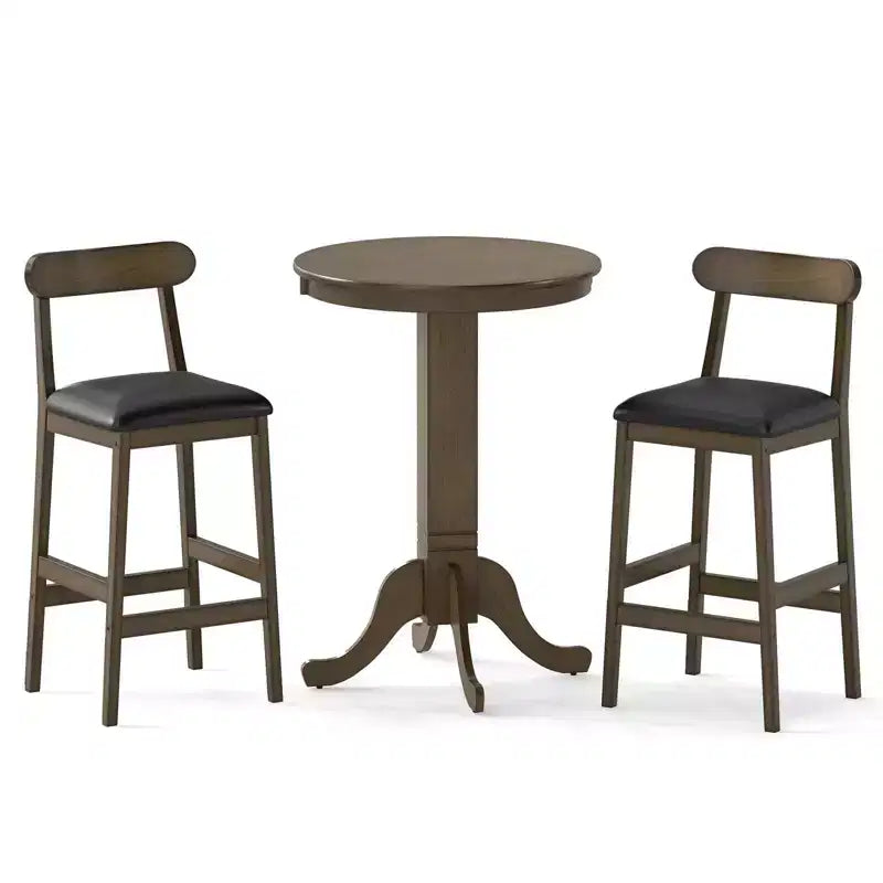 Costway 3 PCS Wood Bar Table Set with Pedestal Base, 2 Armless Stools, Padded Seat, Backrest