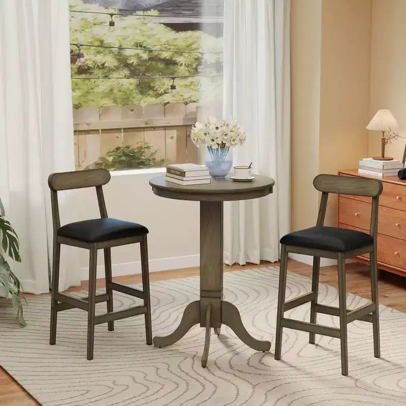 Costway 3 PCS Wood Bar Table Set with Pedestal Base, 2 Armless Stools, Padded Seat, Backrest