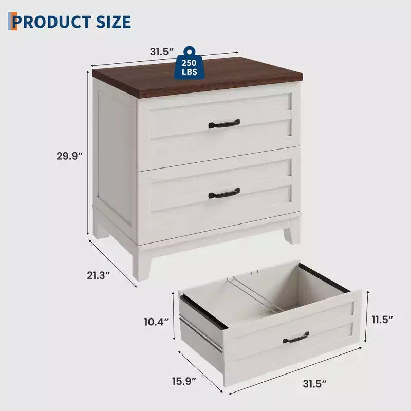 Lateral File Cabinet with 2 Deeper Drawers, Farmhouse Wooden Large Filing Storage Cabinet w/Hanging for Legal/Letter/A4 Size, Thick Tabletop