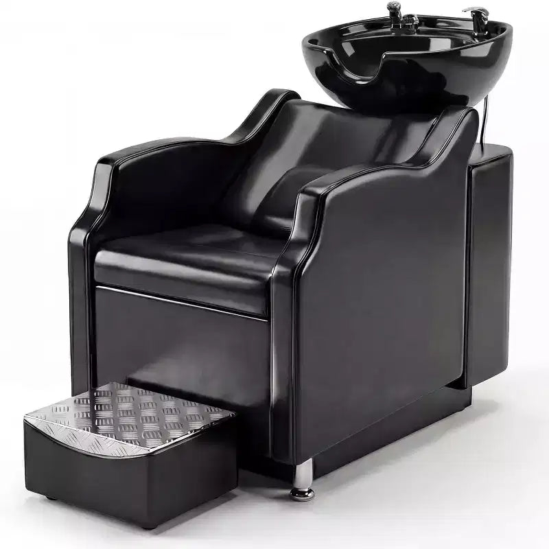 Shampoo Bowl and Chair Set with Ceramic Sink, Backwash Hair Washing Station & Footrest, 450 lb Capacity for Salon, Spa or Barbershop