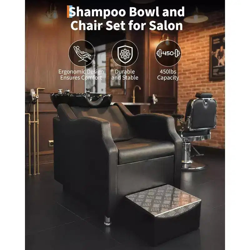 Shampoo Bowl and Chair Set with Ceramic Sink, Backwash Hair Washing Station & Footrest, 450 lb Capacity for Salon, Spa or Barbershop
