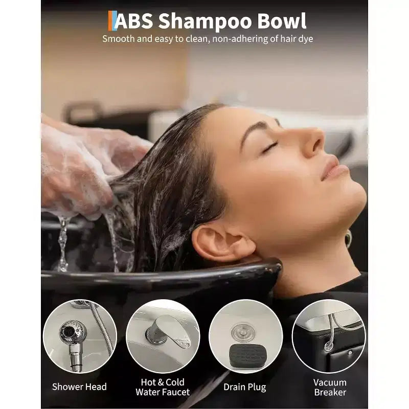 Shampoo Bowl and Chair Set with Ceramic Sink, Backwash Hair Washing Station & Footrest, 450 lb Capacity for Salon, Spa or Barbershop