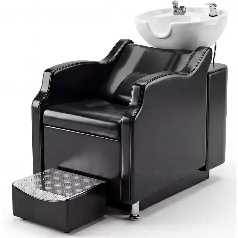Shampoo Bowl and Chair Set with Ceramic Sink, Backwash Hair Washing Station & Footrest, 450 lb Capacity for Salon, Spa or Barbershop