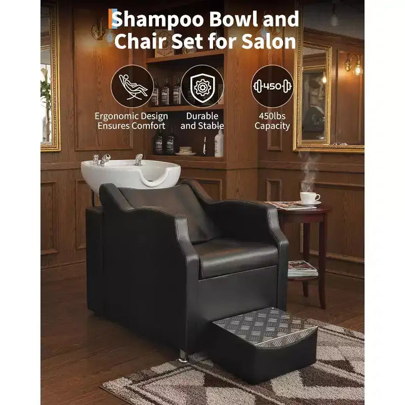 Shampoo Bowl and Chair Set with Ceramic Sink, Backwash Hair Washing Station & Footrest, 450 lb Capacity for Salon, Spa or Barbershop